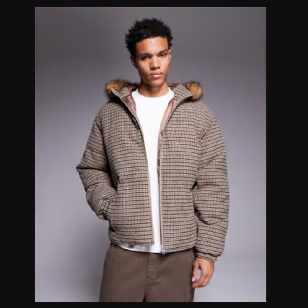 ASOS DESIGN Puffer Jacket Heritage Plaid Faux Fur Hood Brown Medium NEW WITH TAG